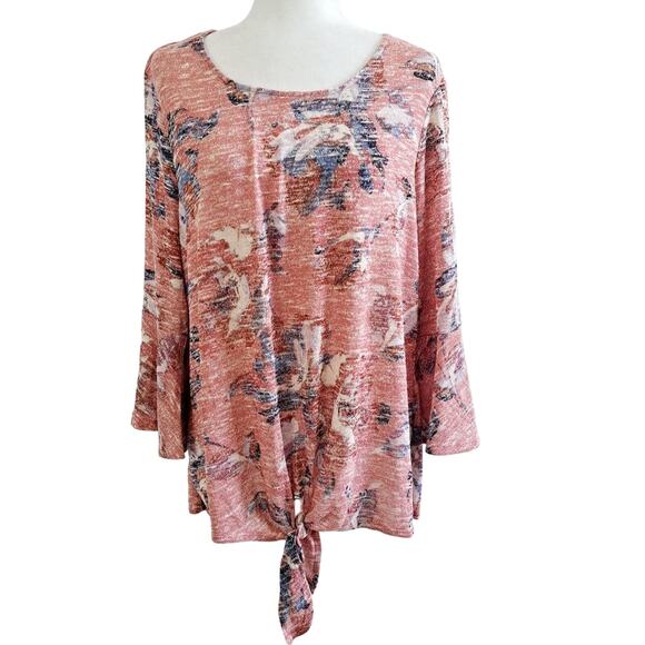 New Directions Bell Sleeve Tied Waist Floral Print Top - Picture 1 of 8
